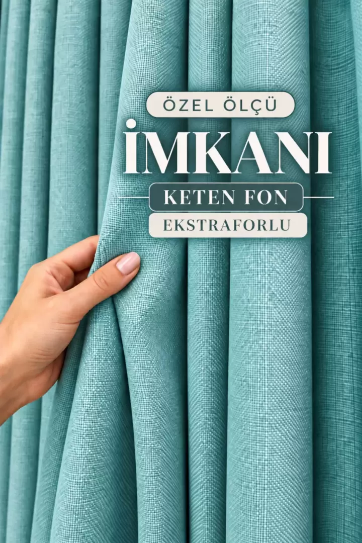 Bej Premium Keten Fon Perde Ekstrafor Büzgülü PİLESİZ Her Odaya Uygun Bohem (Turkuaz)