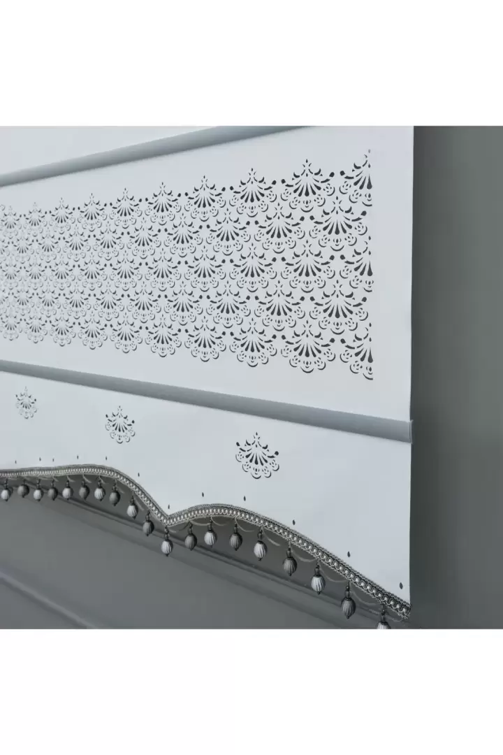 Lazer Stor Perde - Gri Lama Ve Boncuk Detaylı - Ithal Mat Kalın Stor (Beyaz)