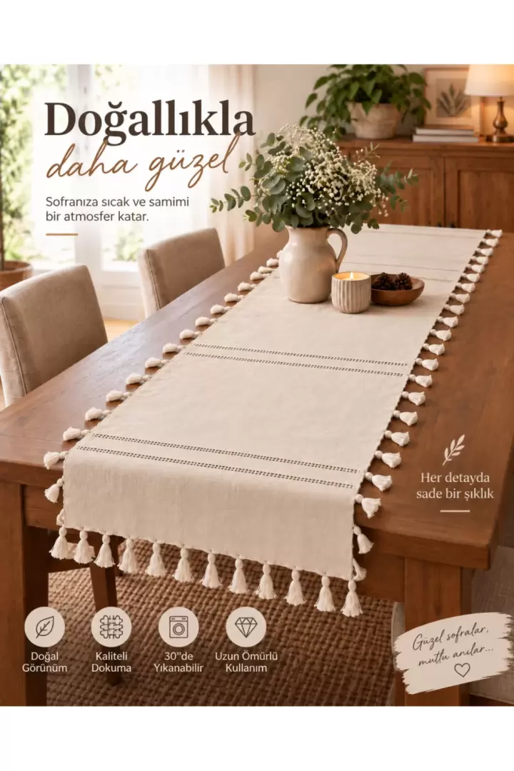 Püsküllü Bohem Organik Hasır Runner Kış Bahçesi Masa Aksesuar Masa Örtüsü %100 Keten 50 x 140 - Hasır Keten Organik