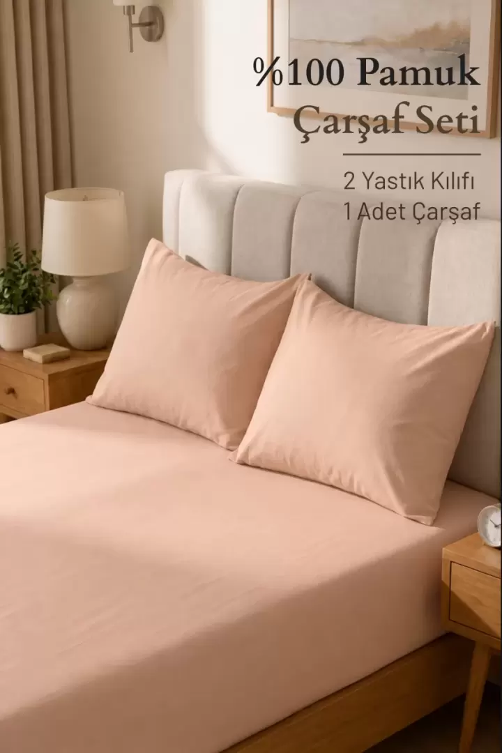 Çift Kişliik 100% Pamuk Penye Nefes Alabilen Kumaş Lastikli Çarşaf 2 ADET YASTIK KILIFI HEDİYE Somon Renk (Somon)