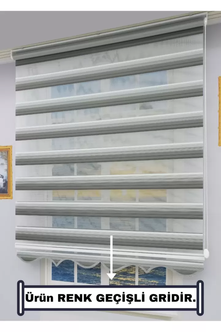 Zebra Stor Güneşlik Perde - TEK PERDE 2 FONKSİYON (TÜL+GÜNEŞLİK) - Alüminyum Aksam (GEÇİŞLİ GRİ-ETEKLİ)