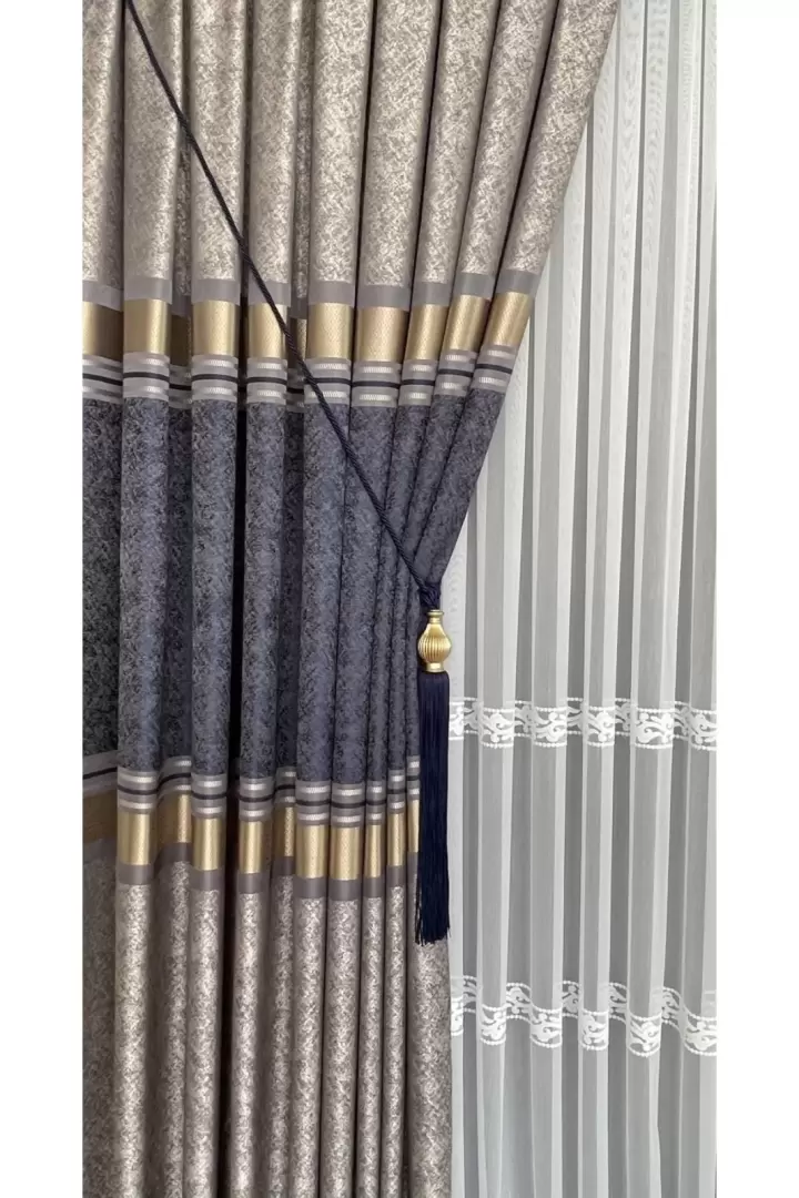 Pano Fon Perde Vizon Siyah Altın Tek Kanat Sık Pileli Jakarlı Parlak Desenli (Lacivert 2532)