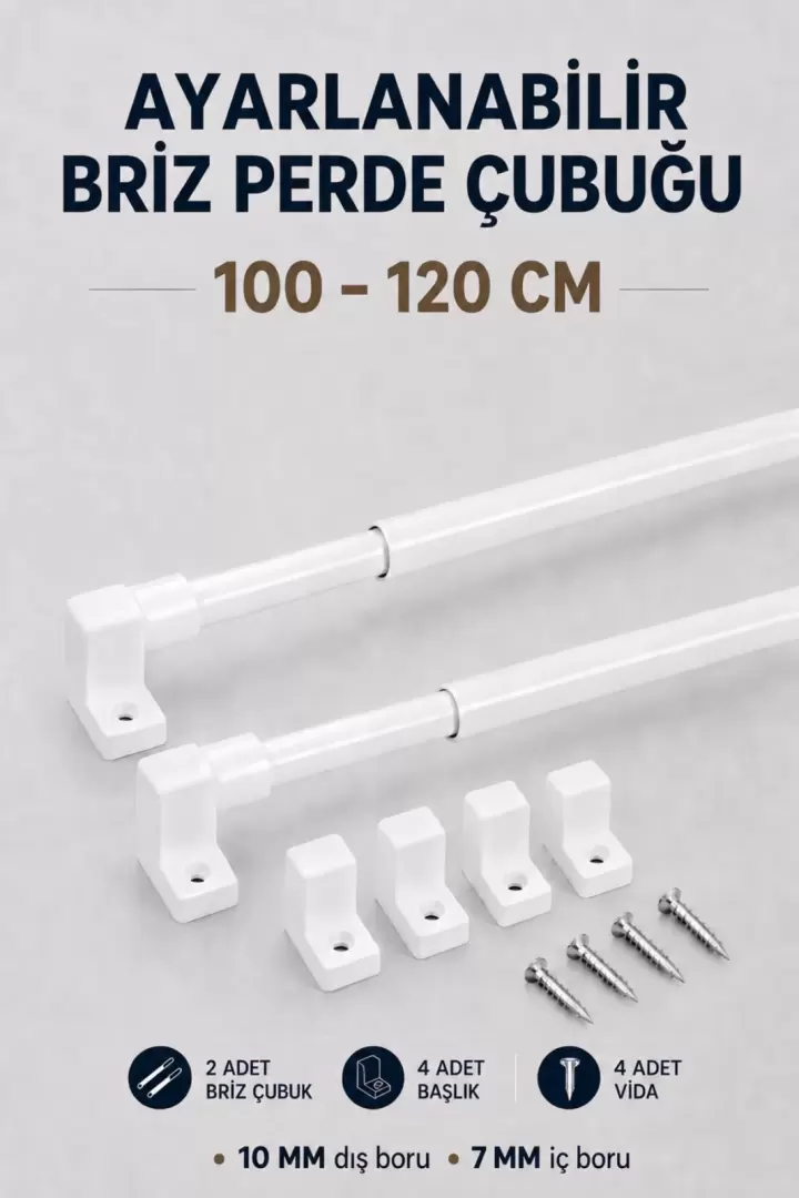 Ayarlanabilir Briz Perde Çubuğu | 2 Adet Alüminyum Teleskopik Pencere Çubuğu | 4 Başlık | 4 Vida (100-120 cm BEYAZ)