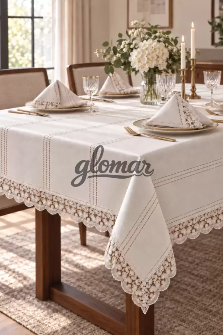 Premium Dantelli Ekru / Kırık Beyaz Masa Örtüsü %100 Polyester Yemek Masa Örtüsü Fisto Kenarlı Tek (Ekru / Kırık Beyaz)