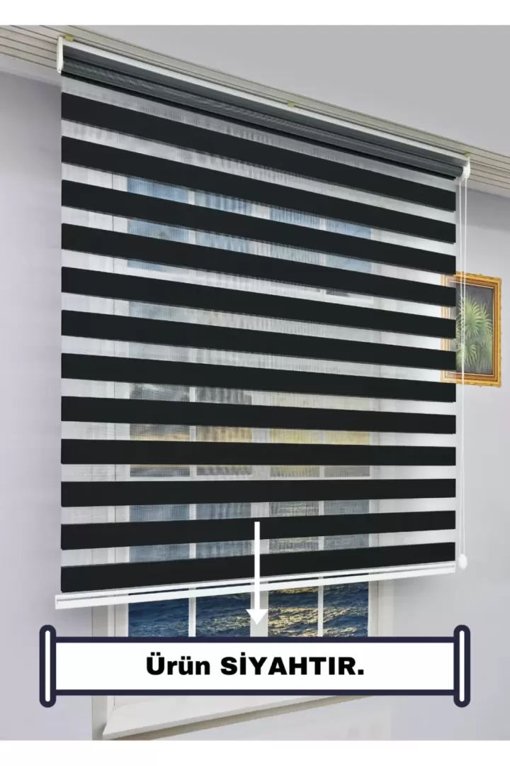 Zebra Stor Güneşlik Perde - TEK PERDE 2 FONKSİYON (TÜL+GÜNEŞLİK) - Alüminyum Aksam (SİYAH-DÜZ)